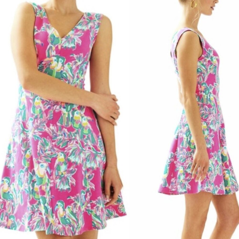 Lilly Pulitzer Dahlia Fit & Flare Dragonfruit Tropical Toucan Dress Sz XS - NWOT - Picture 2 of 8